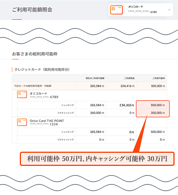利用可能枠 50万円、内キャッシング可能枠30万円